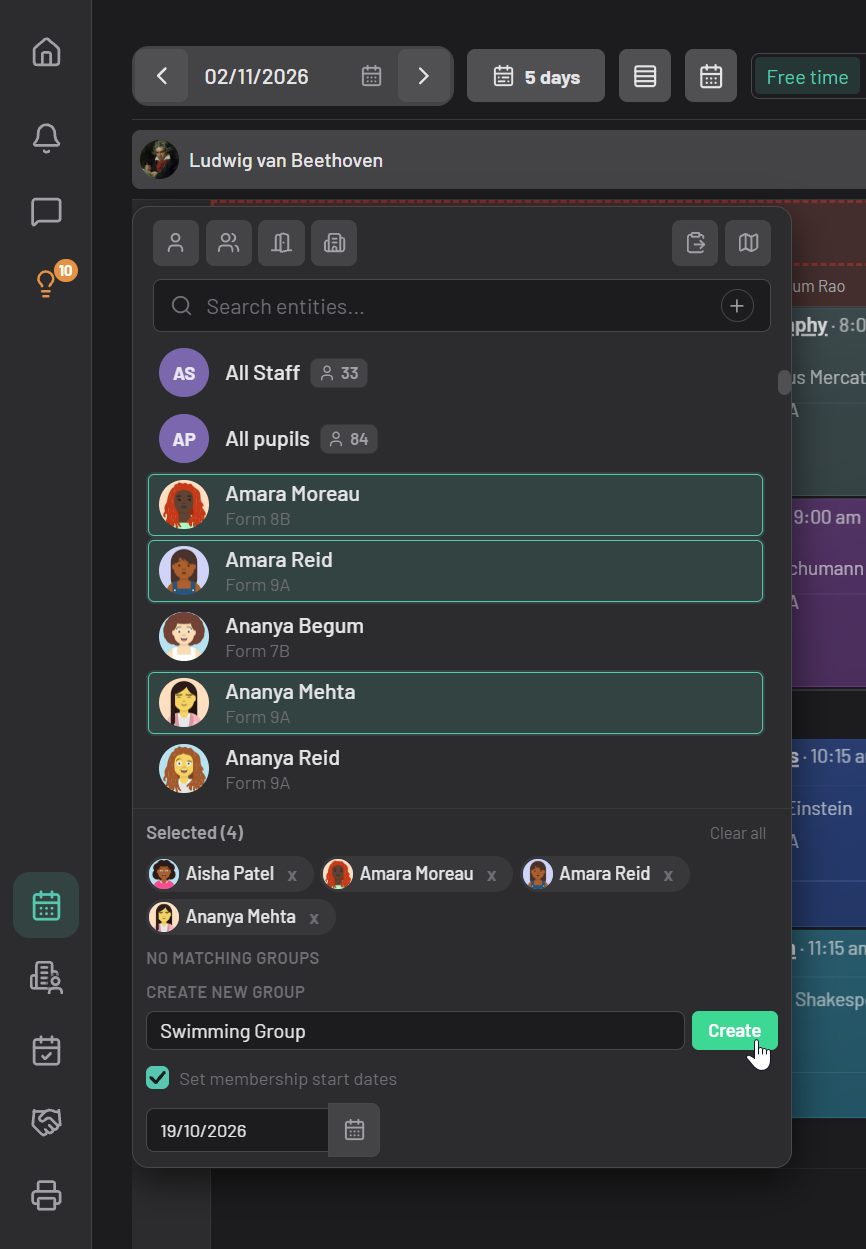 Choosing people for a new group, with the date their membership starts.