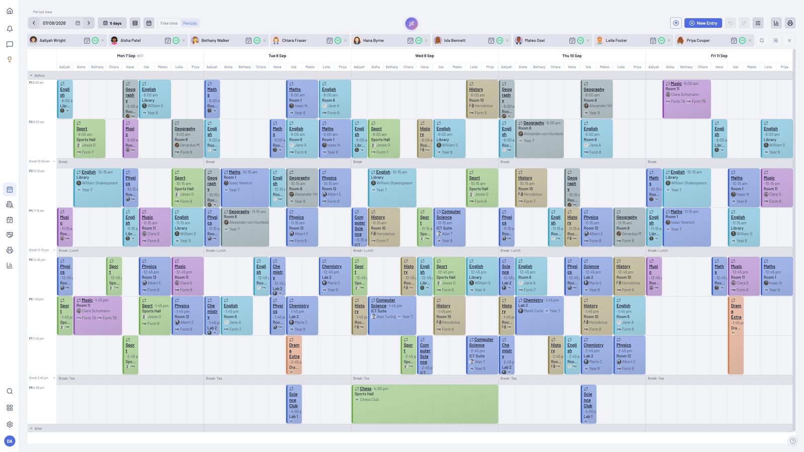 The same week laid out in period rows, with breaks and lunch between them.